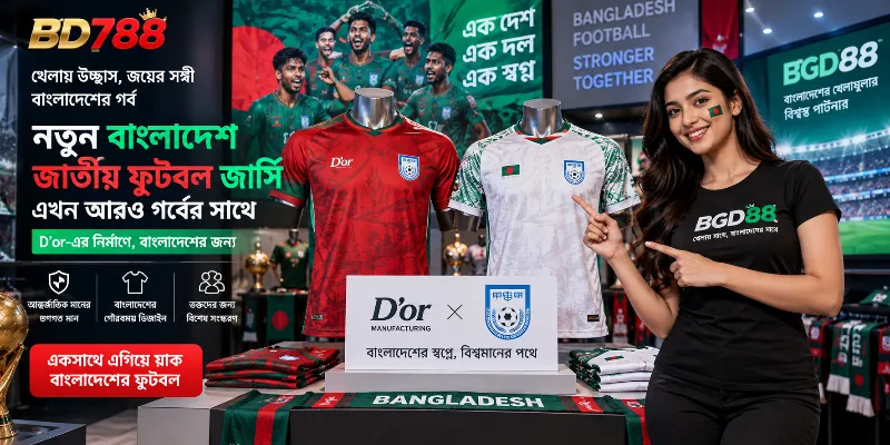 Bangladesh national football team players showcasing the new pristine white away strip and traditional red-and-green home kit manufactured by D'or.