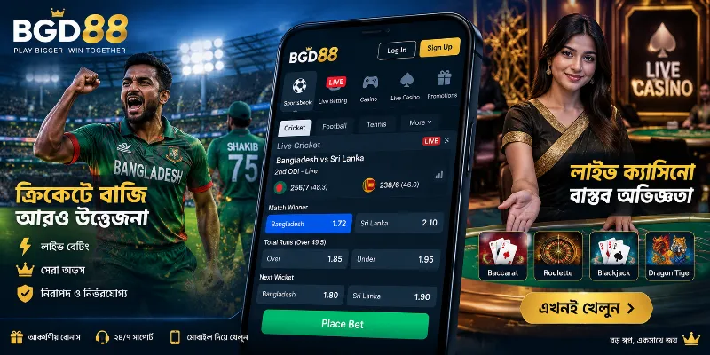 BGD88 sportsbook interface displaying active betting markets for global football tournaments and domestic cricket leagues tailored for South Asian punters